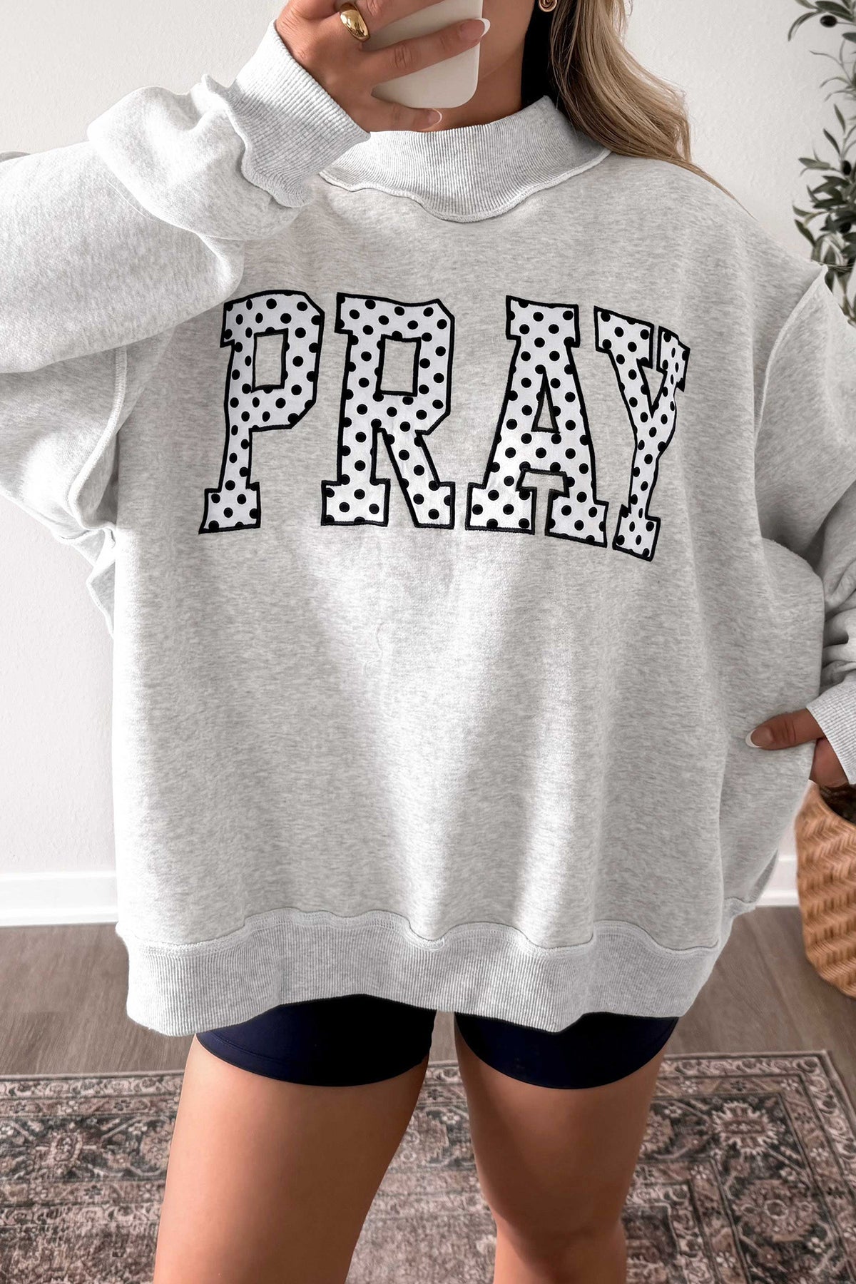 PRAY Polka Dot Embroidered Mock Neck Sweatshirt