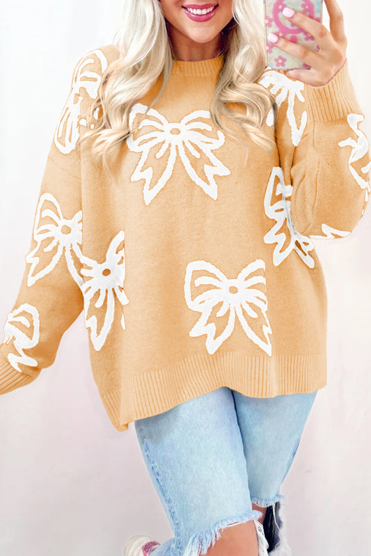 Bow Pattern Drop Shoulder Loose Sweater/2 Color Options