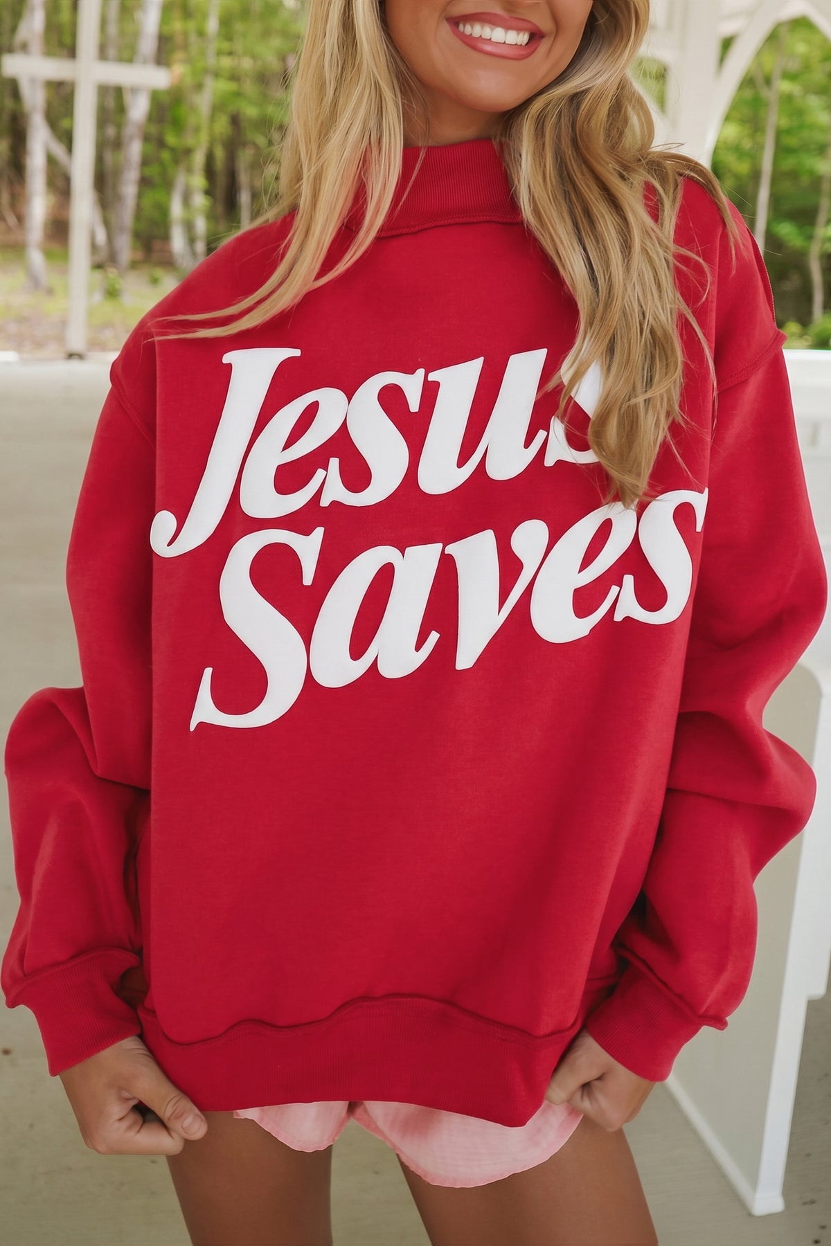 Jesus Saves Slogan Print Stand Neck Baggy Sweatshirt/3 Color Options